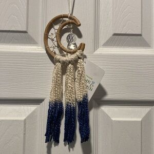 NWT - Little Blue Crescent Moon Wool & Cane Dreamcatcher W/Hanging Crystal Prism